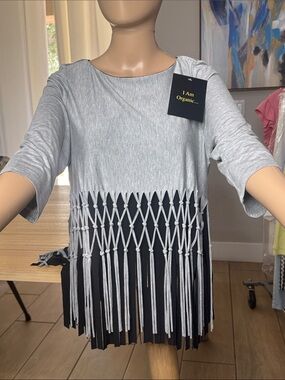 IC by Connie K Organic Very Soft Gray/Black Macramé Fringe Tunic Top Made in USA